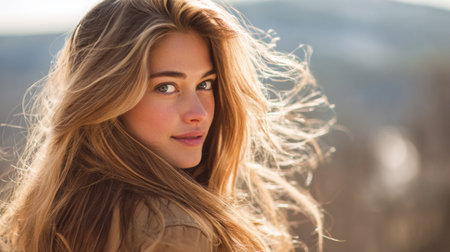 A beautiful young woman stands outdoors, her long hair flowing gently in the breeze. The soft sunlight illuminates her natural beauty and warm smile, creating a serene and joyful atmosphere.の素材