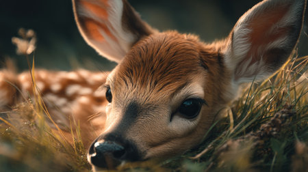 This image features a young fawn lying peacefully in lush green grass, capturing the beauty of nature and wildlife. The soft natural light highlights its delicate features, creating a serene and idyllic scene.の素材