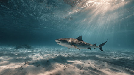 A captivating sight of a shark swimming effortlessly in clear ocean waters, illuminated by rays of sunlight filtering through the surface, showcasing nature's beauty.の素材