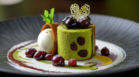 This stunning dessert features a vibrant green layer with cherry garnish, elegantly presented on a stylish plate, showcasing culinary artistry and creativity.の素材