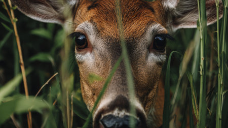 This stunning close-up of a deer showcases its expressive eyes peering through tall grass in its natural habitat, capturing the beauty of wildlife.の素材