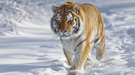 A majestic tiger strides gracefully through a pristine snowy landscape, showcasing its striking stripes and powerful presence in a serene winter setting.の素材