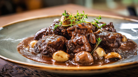 Experience the warmth of a hearty beef stew enriched with savory mushrooms and fresh herbs, beautifully presented in a rustic bowl to elevate any dining occasion.の素材