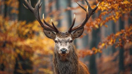 A captivating portrait of a stag with magnificent antlers set against a backdrop of vibrant autumn leaves, showcasing the beauty of nature's changing seasons.の素材