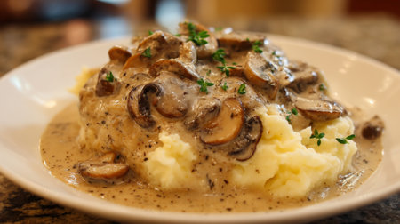 A delicious serving of fluffy mashed potatoes topped with a rich and creamy mushroom sauce, garnished with fresh herbs, perfect for comforting meals.の素材