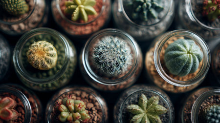A stunning arrangement of various succulents and cacti in glass jars filled with decorative stones, perfect for indoor gardening and enhancing home decor.の素材