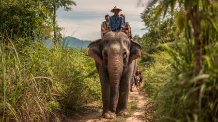 Experience a thrilling adventure with tourists riding an elephant through a vibrant jungle filled with lush greenery and local guides.の素材