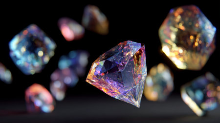 Stunning floating gems in various shapes exuding colorful reflections against a dark backdrop. Perfect for themes of luxury, elegance, and artistry.の素材