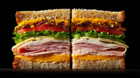 A striking close-up of a multi-layered sandwich featuring fresh vegetables, premium meats, and melted cheese, perfect for a hearty meal or snack.の素材