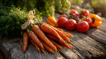 A beautiful display of freshly harvested carrots and tomatoes on a rustic wooden table, showcasing the natural colors and freshness of organic vegetables.の素材