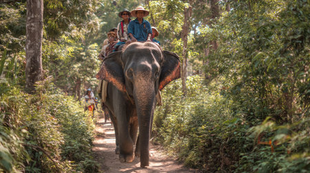 A captivating scene of tourists riding an elephant through a vibrant jungle path, enjoying a unique adventure in a lush natural landscape.の素材