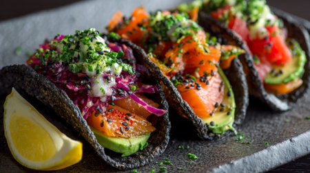 Indulge in these gourmet black corn tacos filled with fresh salmon, vibrant vegetables, and topped with herbs, perfect for any culinary enthusiast.の素材