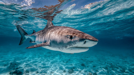 Experience the beauty of a tiger shark gliding effortlessly through clear blue waters, showcasing the grace and power of marine life in its natural habitat.の素材