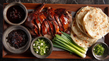 A beautifully arranged platter featuring roasted duck slices, fresh green onions, flatbreads, and flavorful sauces, perfect for any gathering or dining experience.の素材