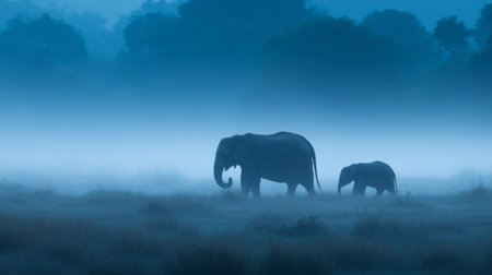 A serene scene capturing the beauty of elephants walking through a misty landscape at dawn. This tranquil moment showcases wildlife in harmony with nature.の素材