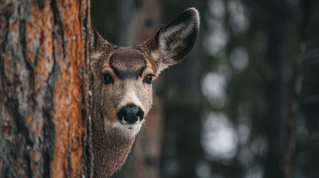 A striking close-up of a deer peering from behind a tree, showcasing its curious nature in a serene forest environment, capturing the essence of wildlife.の素材