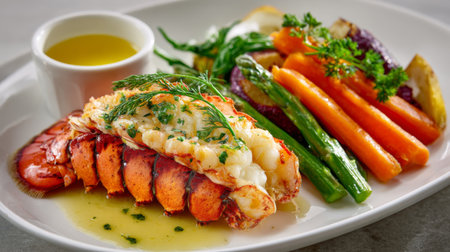 A beautifully plated grilled lobster tail served with a variety of colorful vegetables and a drizzle of olive oil, ideal for gourmet dining moments.の素材