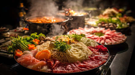 A vibrant hot pot spread featuring a variety of fresh ingredients, including vegetables, noodles, and meats, creating a flavorful gourmet dining experience.の素材