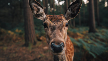 A captivating close-up of a curious deer in a serene forest setting, showcasing natural beauty and tranquil vibes. The soft lighting enhances the peaceful atmosphere of the woodland.の素材
