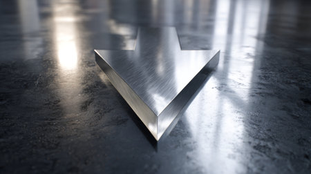 This image showcases a sleek metal arrow resting on a polished surface, effectively reflecting light. The contemporary design evokes modern artistic expression and clarity.の素材