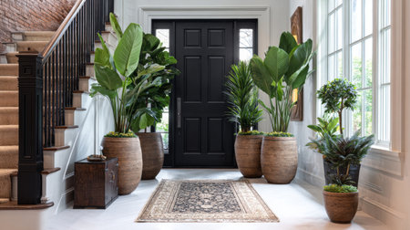 This image depicts a bright entryway featuring elegant plants and a stunning rug, enhancing the inviting atmosphere of a modern home interior.の素材