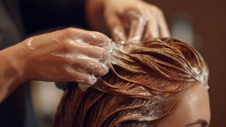 A close-up view captures the gentle process of shampooing as a person receives a relaxing scalp massage in a modern salon environment.の素材