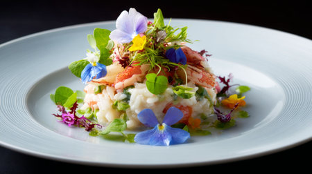 This exquisite gourmet risotto features a vibrant array of fresh edible flowers and greens, showcasing artistry and creativity in culinary presentation.の素材