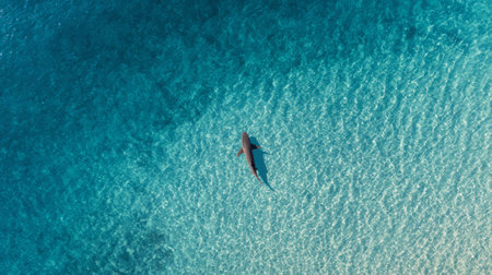 This stunning aerial image captures a shark gracefully swimming over clear tropical waters, showcasing the vibrant blues and sandy ocean floor.の素材