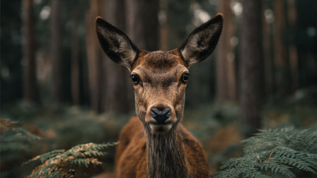 A captivating close-up of a young deer standing gracefully in a lush forest, exuding tranquility. Its intense gaze and soft fur contrast with the surrounding greenery, creating a serene atmosphere.の素材