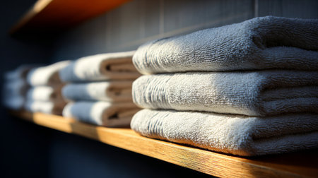A tranquil scene featuring neatly stacked soft bath towels on a wooden shelf, illuminated by warm afternoon light in a serene bathroom environment.の素材