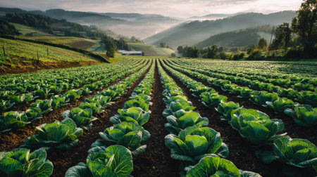 This stunning stock photo captures a vibrant cabbage field under a hazy morning light. Rolling hills create a serene backdrop, showcasing agricultural beauty in nature.の素材
