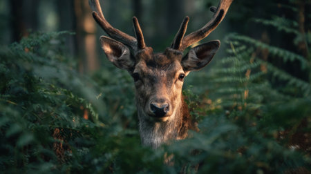 A stunning deer emerges from a lush green background, captivating the observer with its tranquil presence in a serene forest setting.の素材
