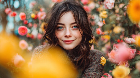 A captivating portrait of a young woman wearing a cozy sweater, surrounded by vibrant flowers. Soft focus adds warmth, embodying joy and tranquility.の素材