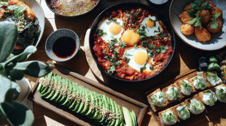 A vibrant and inviting layout featuring brunch classics like eggs, avocado, and salads served on elegant tableware, perfect for sharing or enjoying alone.の素材