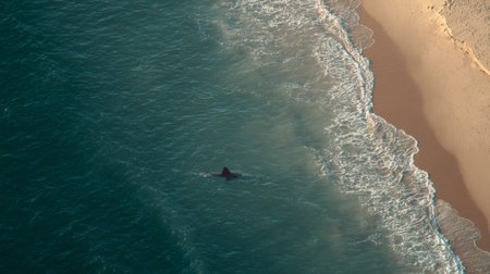 An aerial view captures a solitary shark gliding gracefully through the serene blue waters near a sandy beach. The gentle waves reflect a tranquil atmosphere, showcasing nature's beauty and marine life.の素材
