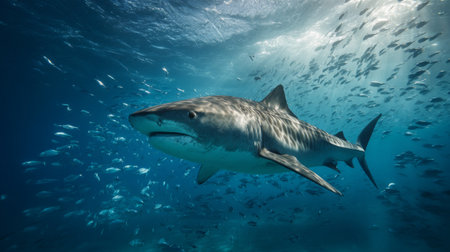 This stunning image captures a tiger shark gliding effortlessly through vibrant ocean waters, showcasing its natural habitat among schools of fish.の素材