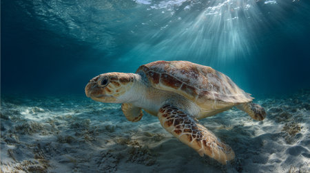 A beautiful sea turtle glides effortlessly through clear ocean waters, illuminated by sunlight filtering from the surface, embodying the tranquility of marine life.の素材