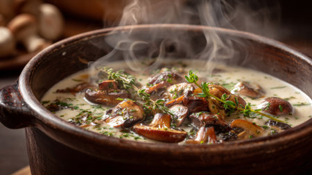 A heartwarming bowl of creamy mushroom soup, garnished with fresh thyme, captures the essence of comfort food. Perfect for chilly days.の素材