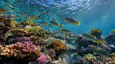 Explore a stunning underwater landscape showcasing a vibrant coral reef teeming with diverse tropical fish and rich marine life under crystal clear waters.の素材