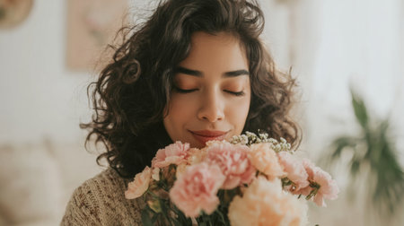 A young woman holds a beautiful bouquet of flowers close to her face, expressing serenity and joy. The soft light enhances her natural beauty, creating a peaceful atmosphere that embodies relaxation and connection to nature.の素材