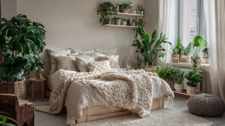 This cozy bedroom scene showcases a harmonious blend of indoor plants and natural decor, creating a tranquil and inviting atmosphere filled with warmth.の素材