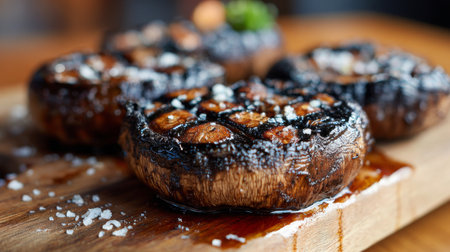 Delicious grilled portobello mushrooms topped with sea salt, presented on a rustic wooden board. Perfect for enhancing a culinary experience.の素材