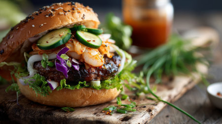 A gourmet hamburger featuring fresh vegetables including lettuce, cucumber, and spicy shrimp, served on a rustic wooden table, perfect for food lovers.の素材
