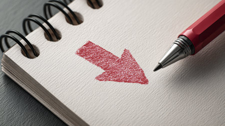 Close-up image of a red arrow drawn on a textured notepad with a silver pen nearby. This image symbolizes direction and creativity, encouraging ideas.の素材