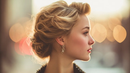 A stunning profile portrait of a woman captured in soft, warm light, highlighting her elegant hairstyle and subtle makeup, exuding grace and beauty in an urban backdrop.の素材