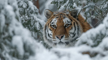 This stunning portrait captures a Siberian tiger concealed among snow-laden trees, highlighting its captivating gaze and powerful presence in a serene winter landscape.の素材