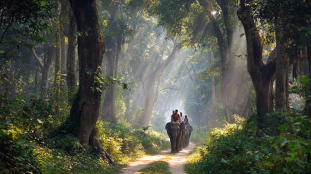 A breathtaking scene featuring elephants carrying riders along a jungle path illuminated by gentle sunlight, showcasing the serene beauty of nature.の素材