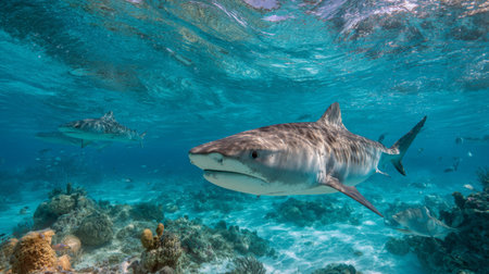 A stunning view of a tiger shark gliding through a colorful coral reef, showcasing the beauty of underwater marine life in bright blue waters.の素材