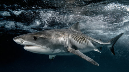 This striking image captures a shark gliding effortlessly through clear ocean waters, showcasing its elegance and power in the wild marine environment.の素材