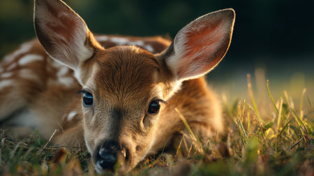 A tender fawn rests peacefully on soft grass, bathed in warm evening light. This serene image evokes feelings of tranquility and innocence in nature.の素材